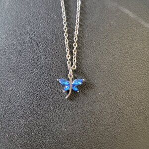 Dragonfly 18" Stainless Silver Necklace Clear Blue Sky